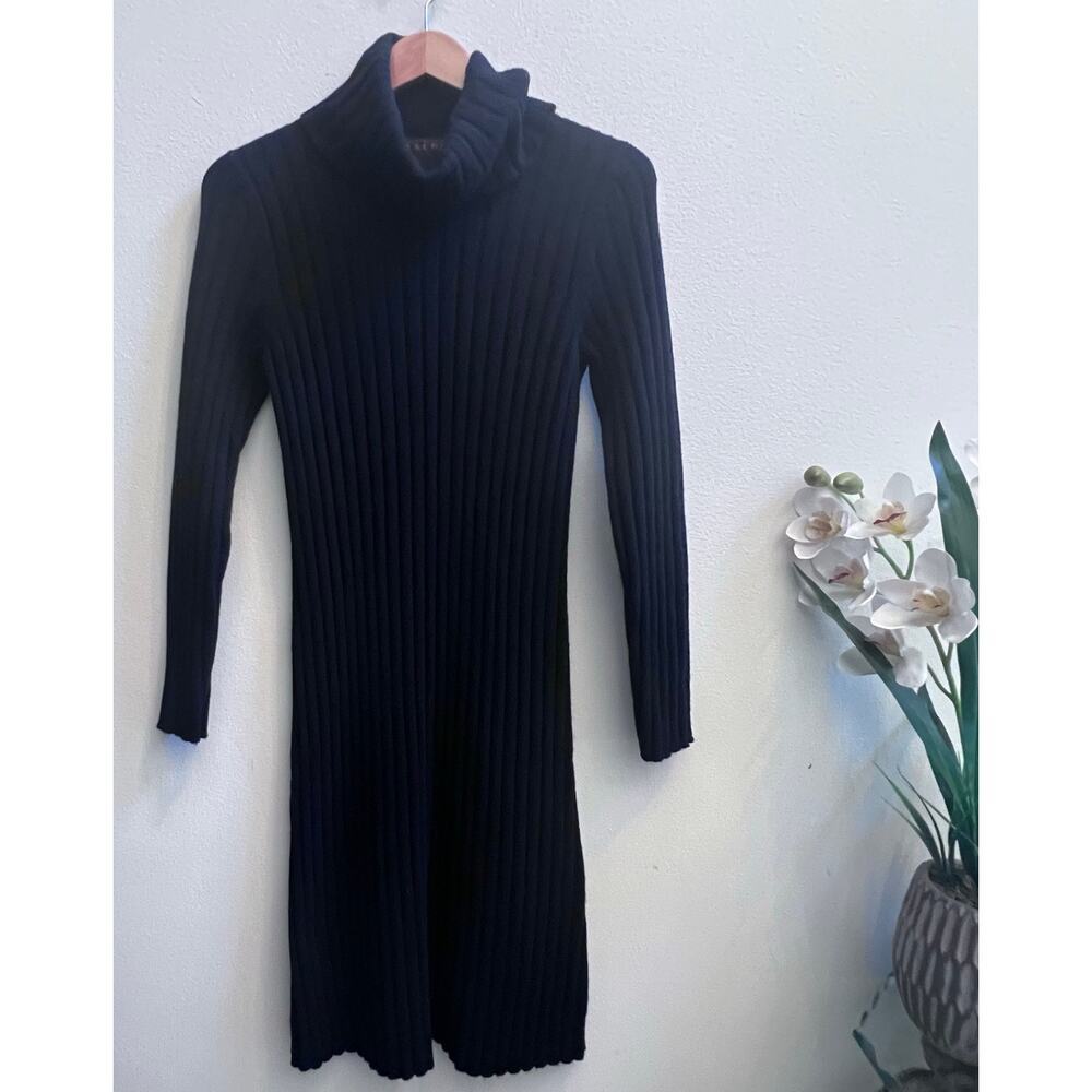 Ralph Lauren Turtleneck 100% Lambswool Black Ribbed Sweater‎ Midi Dress Sz Large